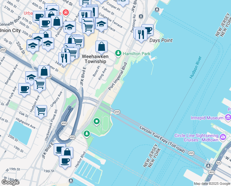 map of restaurants, bars, coffee shops, grocery stores, and more near 21 Oxford Landing in Weehawken