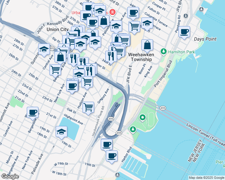 map of restaurants, bars, coffee shops, grocery stores, and more near in Weehawken Township