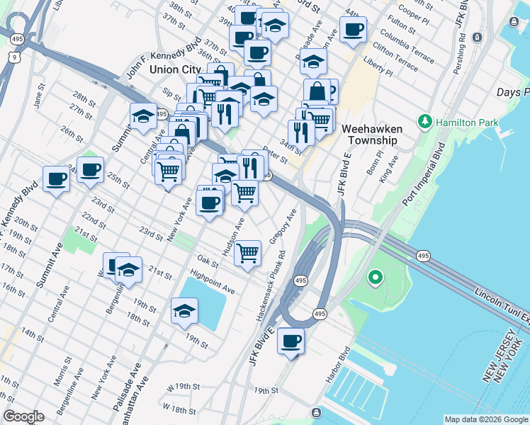 map of restaurants, bars, coffee shops, grocery stores, and more near 562 Hudson Avenue in Weehawken Township