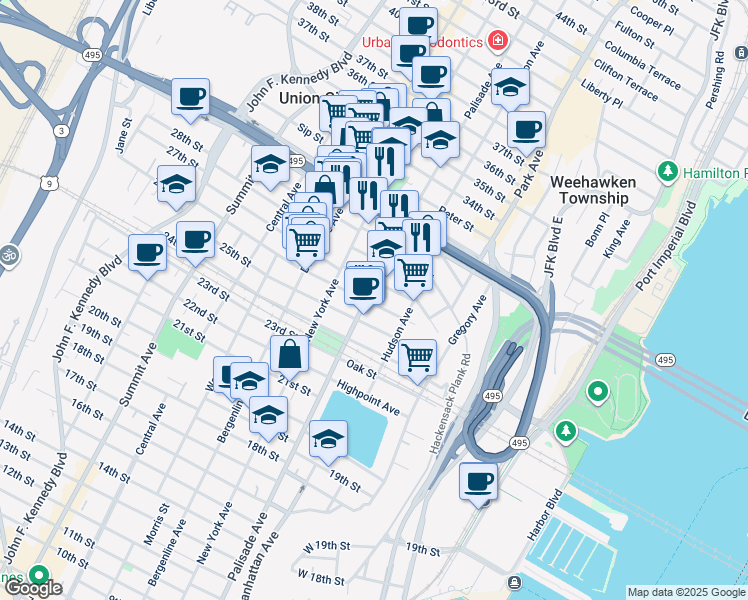 map of restaurants, bars, coffee shops, grocery stores, and more near in Weehawken