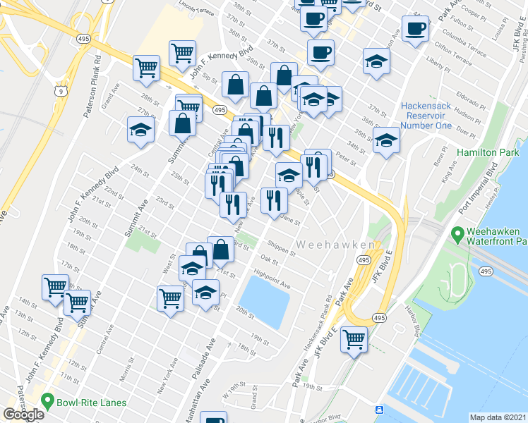 map of restaurants, bars, coffee shops, grocery stores, and more near 311 27th Street in Union City
