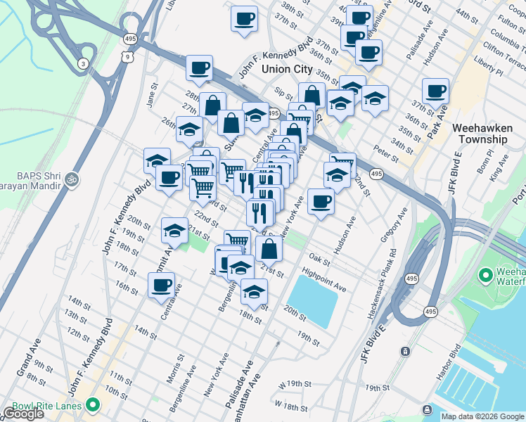 map of restaurants, bars, coffee shops, grocery stores, and more near 508 25th Street in Union City