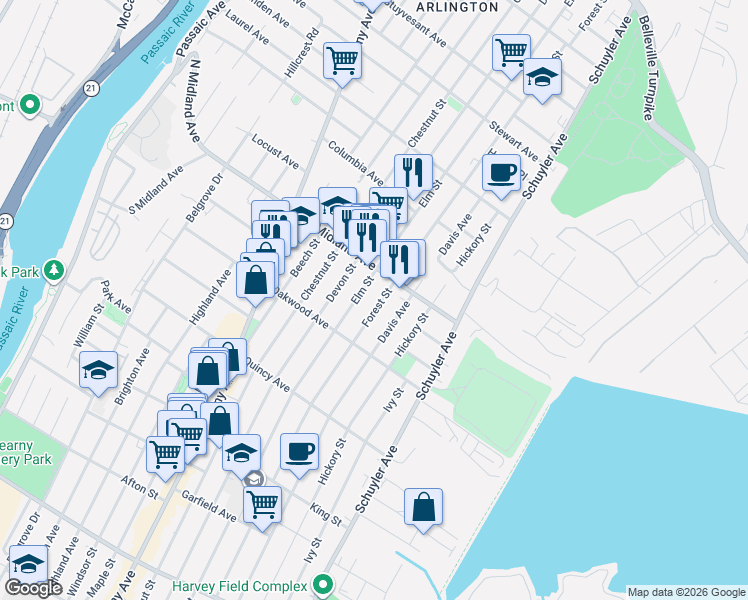 map of restaurants, bars, coffee shops, grocery stores, and more near 441 Elm Street in Kearny