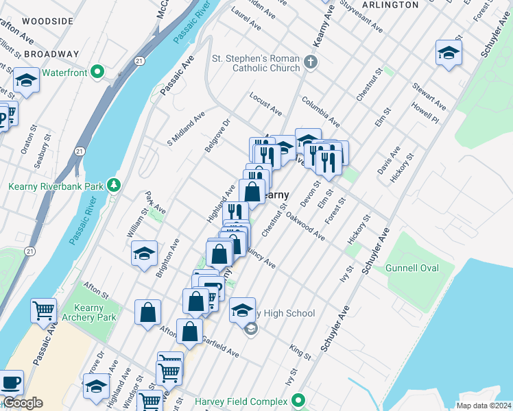 map of restaurants, bars, coffee shops, grocery stores, and more near in Kearny