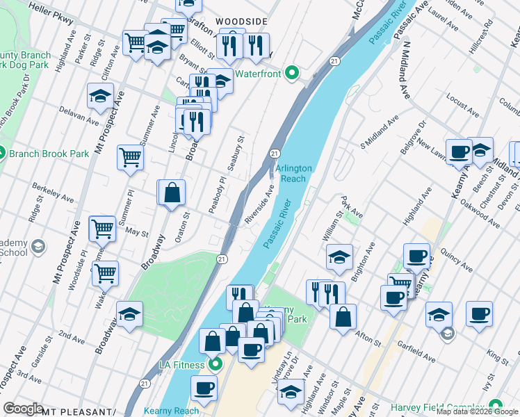 map of restaurants, bars, coffee shops, grocery stores, and more near 92 Riverside Avenue in Newark