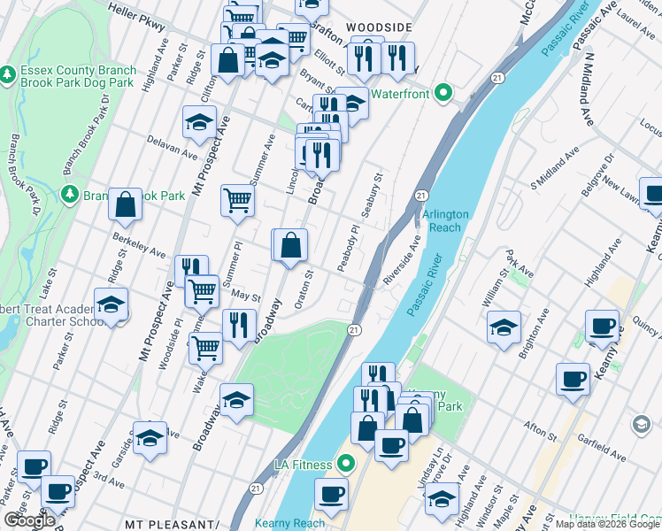 map of restaurants, bars, coffee shops, grocery stores, and more near 85 Oraton Street in Newark