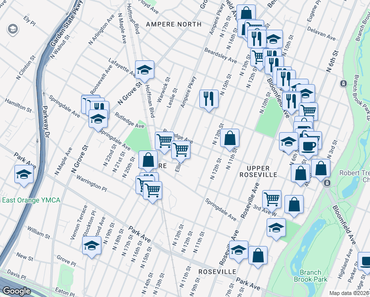 map of restaurants, bars, coffee shops, grocery stores, and more near 81 Ellington Street in East Orange