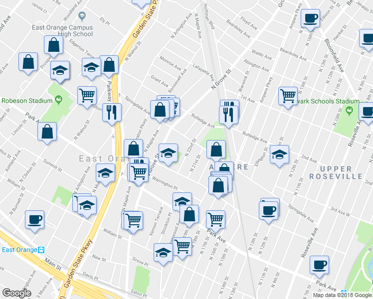 map of restaurants, bars, coffee shops, grocery stores, and more near 410 North Grove Street in East Orange