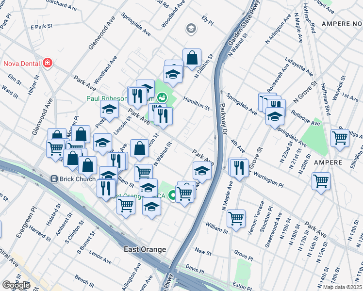 map of restaurants, bars, coffee shops, grocery stores, and more near 204 North Walnut Street in East Orange
