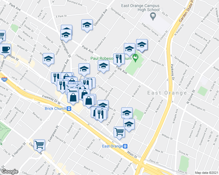 map of restaurants, bars, coffee shops, grocery stores, and more near 100 Lincoln Street in East Orange