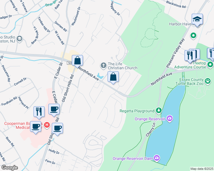 map of restaurants, bars, coffee shops, grocery stores, and more near 745 Northfield Avenue in West Orange