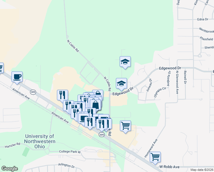 map of restaurants, bars, coffee shops, grocery stores, and more near 2200 North Cable Road in Lima