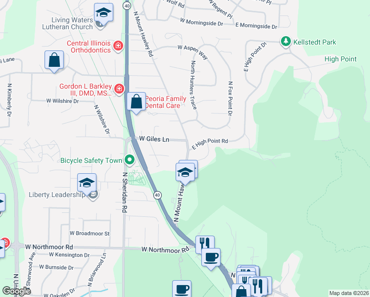 map of restaurants, bars, coffee shops, grocery stores, and more near 413 West Giles Lane in Peoria