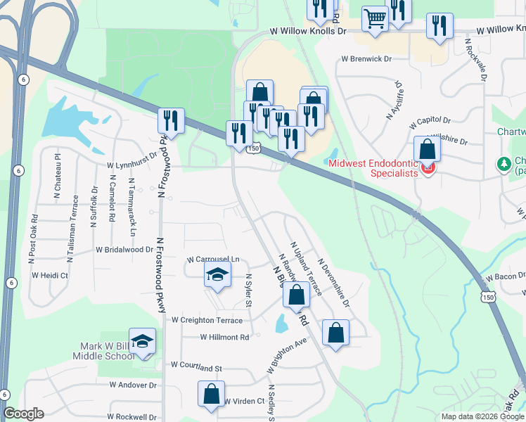 map of restaurants, bars, coffee shops, grocery stores, and more near 6616 North Randwick Road in Peoria