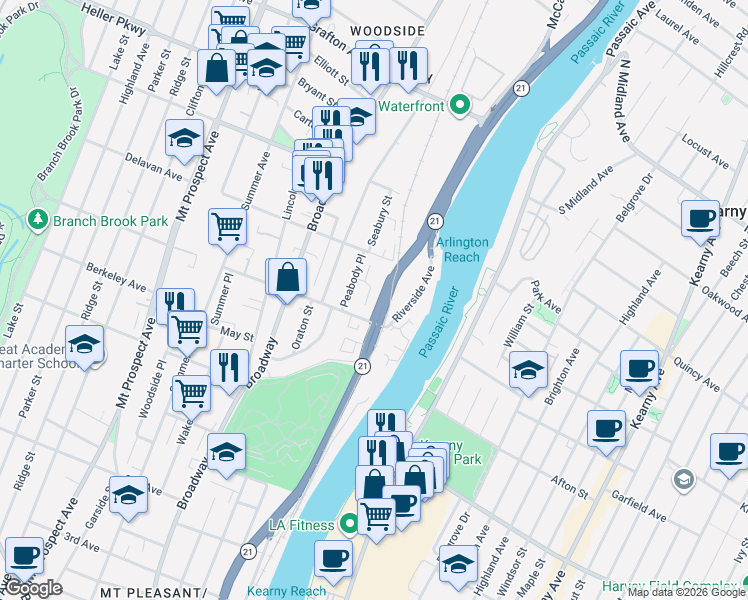 map of restaurants, bars, coffee shops, grocery stores, and more near 33 Triton Terrace in Newark