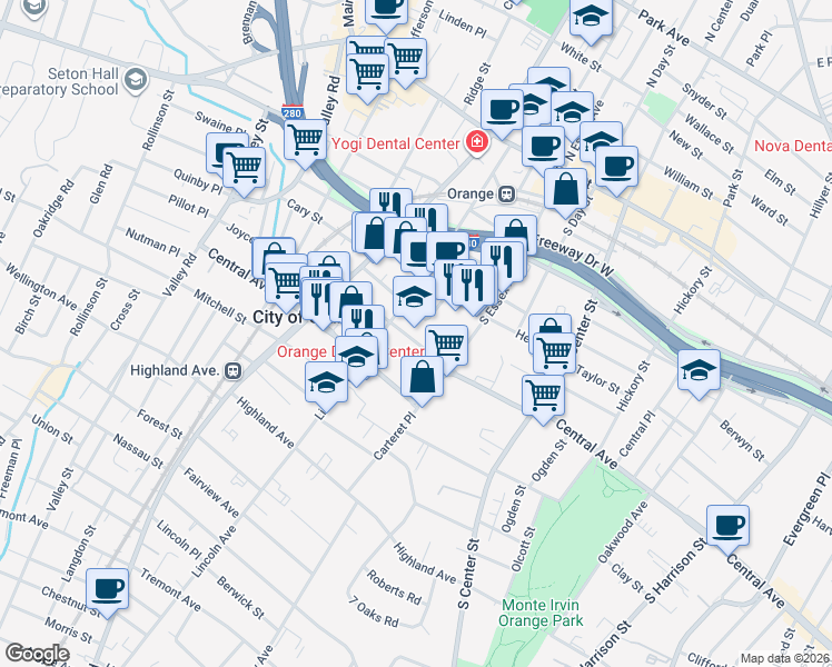 map of restaurants, bars, coffee shops, grocery stores, and more near 216 Lincoln Avenue in City of Orange