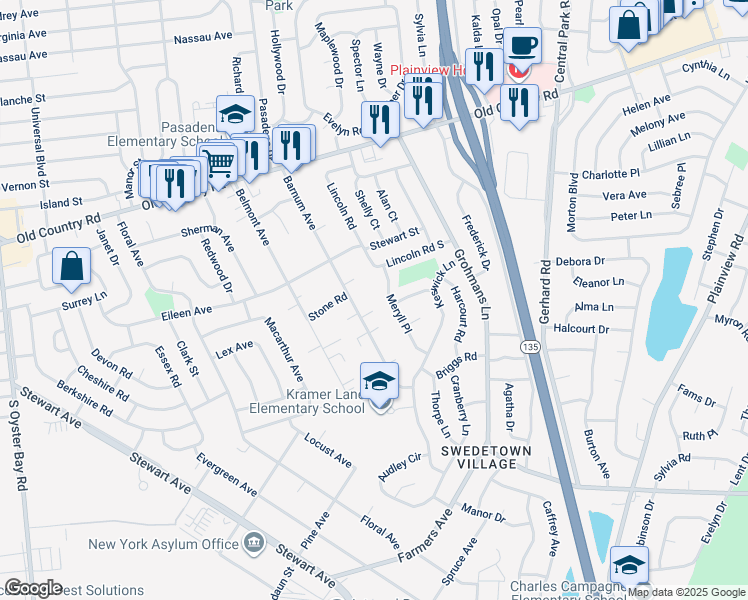 map of restaurants, bars, coffee shops, grocery stores, and more near 32 Barnum Avenue in Plainview