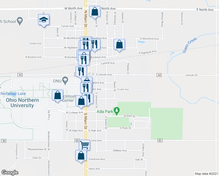 map of restaurants, bars, coffee shops, grocery stores, and more near 308 East Lehr Avenue in Ada