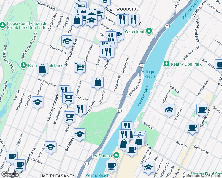 map of restaurants, bars, coffee shops, grocery stores, and more near 85 Oraton Street in Newark