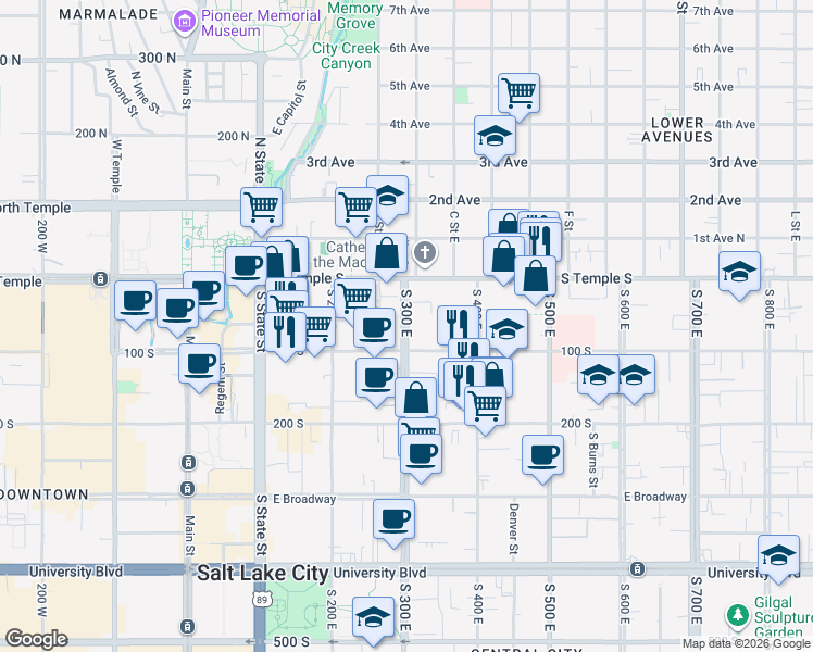 map of restaurants, bars, coffee shops, grocery stores, and more near 25 South 300 East in Salt Lake City
