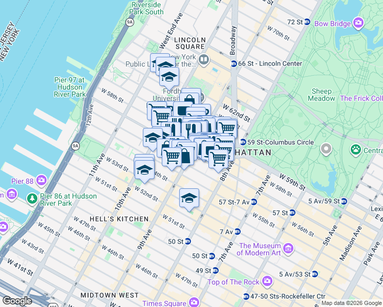 map of restaurants, bars, coffee shops, grocery stores, and more near 398 West 57th Street in New York