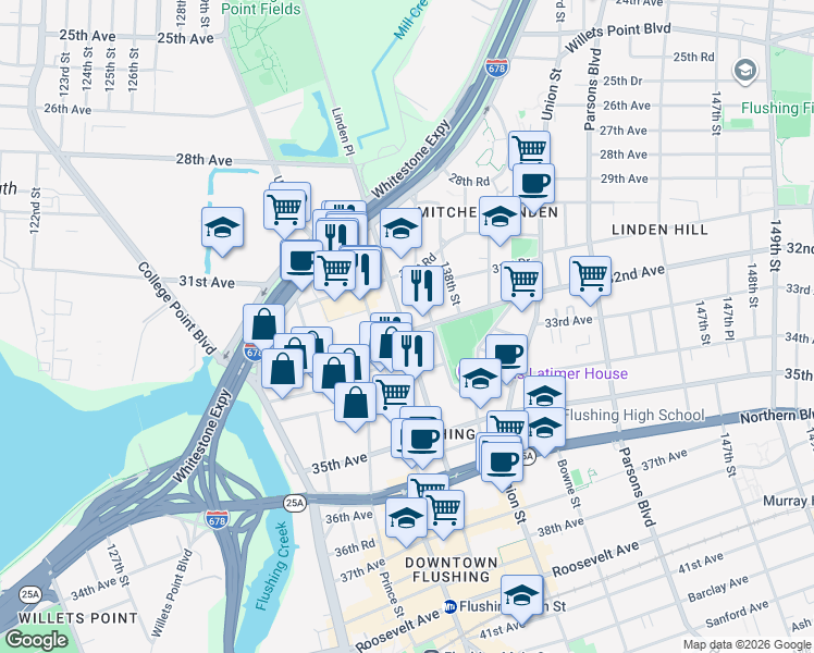 map of restaurants, bars, coffee shops, grocery stores, and more near 31-36 137th Street in Queens