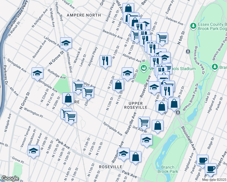 map of restaurants, bars, coffee shops, grocery stores, and more near 340 North 12th Street in Newark