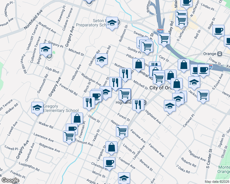 map of restaurants, bars, coffee shops, grocery stores, and more near 573 Valley Road in West Orange