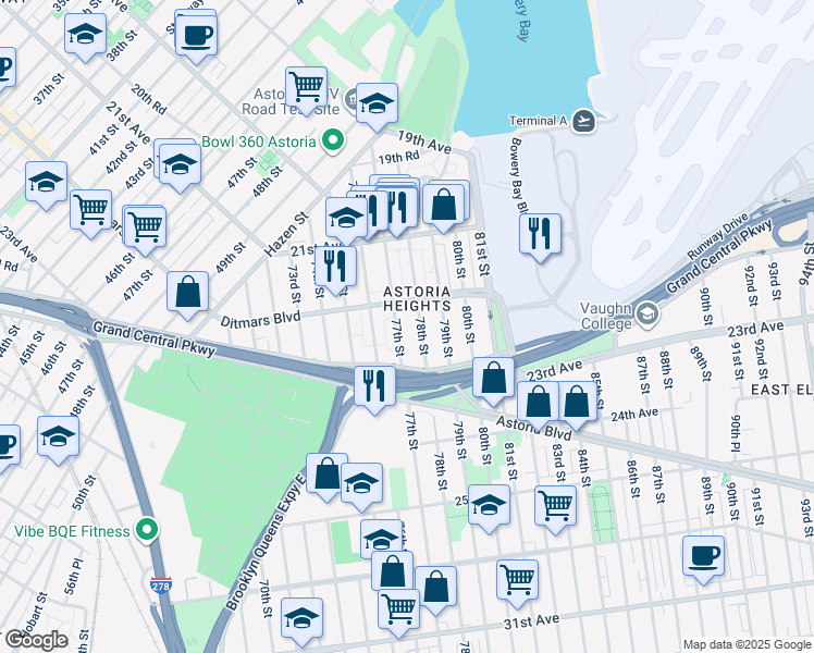 map of restaurants, bars, coffee shops, grocery stores, and more near in Queens