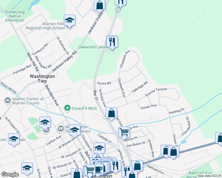 map of restaurants, bars, coffee shops, grocery stores, and more near 11 Essex Road in Washington