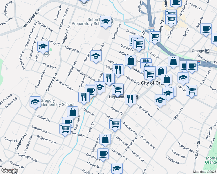 map of restaurants, bars, coffee shops, grocery stores, and more near 45 Freeman Street in West Orange