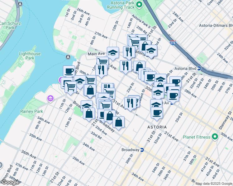 map of restaurants, bars, coffee shops, grocery stores, and more near 3080 21st Street in Queens