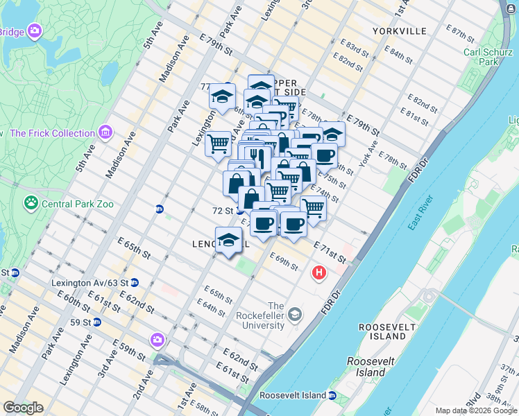 map of restaurants, bars, coffee shops, grocery stores, and more near 1400 2nd Avenue in New York