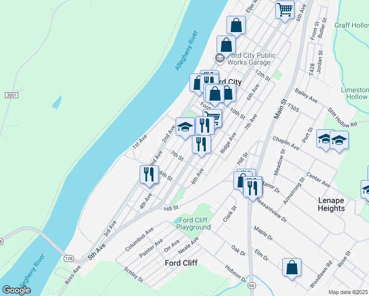 map of restaurants, bars, coffee shops, grocery stores, and more near 718 4th Avenue in Ford City