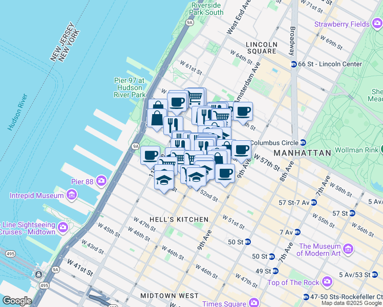 map of restaurants, bars, coffee shops, grocery stores, and more near 520 West 55th Street in New York
