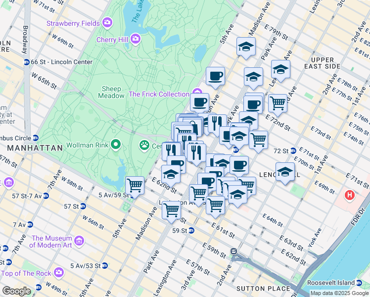 map of restaurants, bars, coffee shops, grocery stores, and more near 786 Madison Avenue in New York