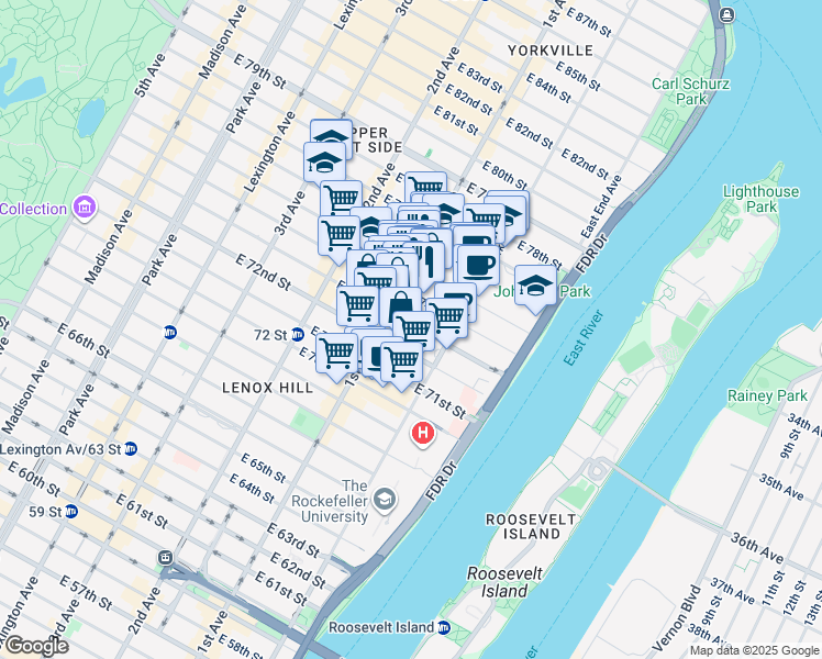 map of restaurants, bars, coffee shops, grocery stores, and more near 414 East 73rd Street in New York