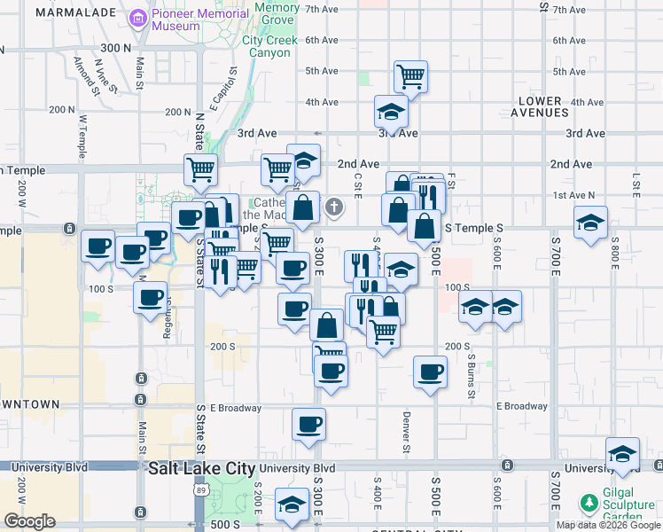 map of restaurants, bars, coffee shops, grocery stores, and more near 53 South 300 East in Salt Lake City