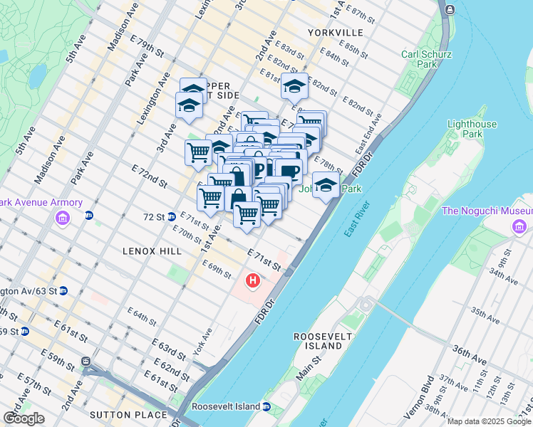 map of restaurants, bars, coffee shops, grocery stores, and more near 1375 York Avenue in New York