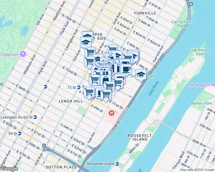 map of restaurants, bars, coffee shops, grocery stores, and more near 412 East 73rd Street in New York