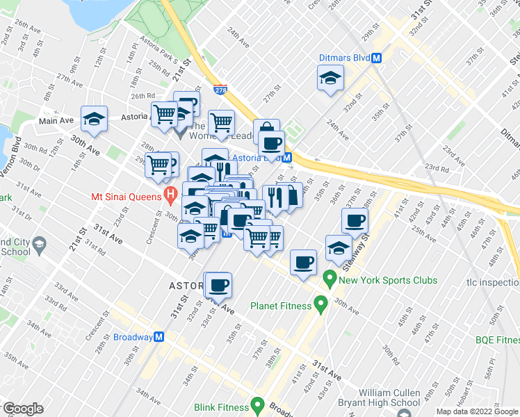 map of restaurants, bars, coffee shops, grocery stores, and more near 22 28th Avenue in Queens