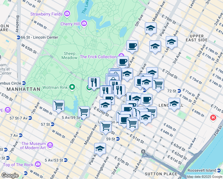 map of restaurants, bars, coffee shops, grocery stores, and more near 22 East 66th Street in New York