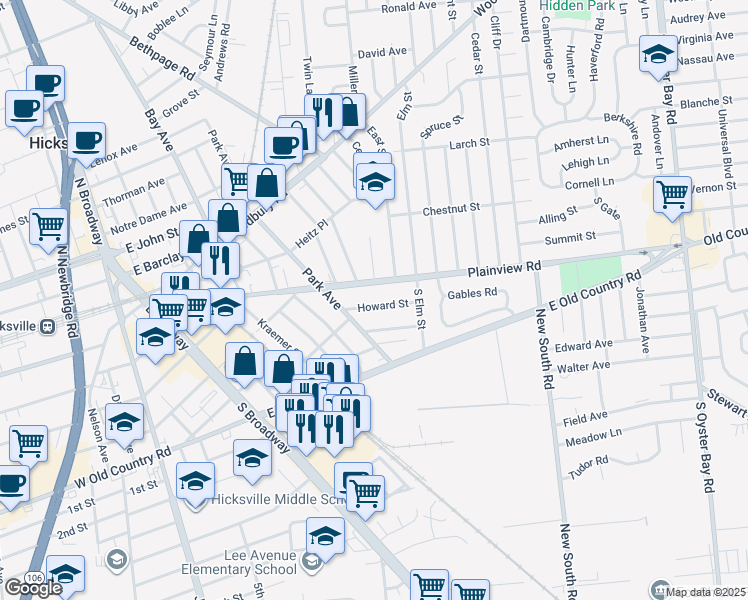 map of restaurants, bars, coffee shops, grocery stores, and more near 187 Plainview Road in Hicksville