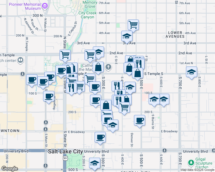 map of restaurants, bars, coffee shops, grocery stores, and more near 51 South 300 East in Salt Lake City