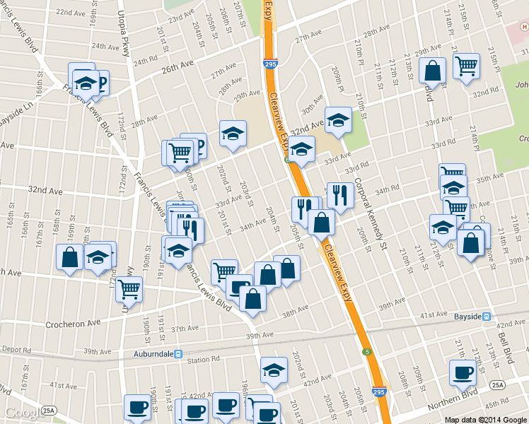 map of restaurants, bars, coffee shops, grocery stores, and more near 33-38 204th Street in Queens