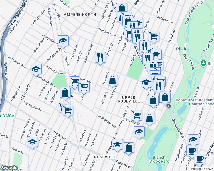map of restaurants, bars, coffee shops, grocery stores, and more near 340 North 12th Street in Newark