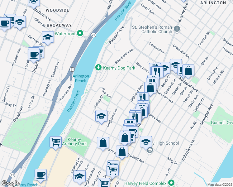 map of restaurants, bars, coffee shops, grocery stores, and more near 486 Belgrove Drive in Kearny