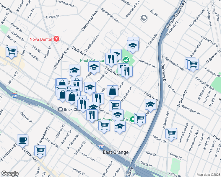 map of restaurants, bars, coffee shops, grocery stores, and more near 122 Summit Street in East Orange