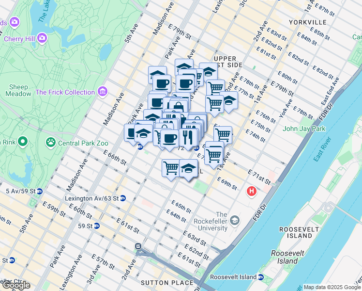 map of restaurants, bars, coffee shops, grocery stores, and more near 215 East 70th Street in New York