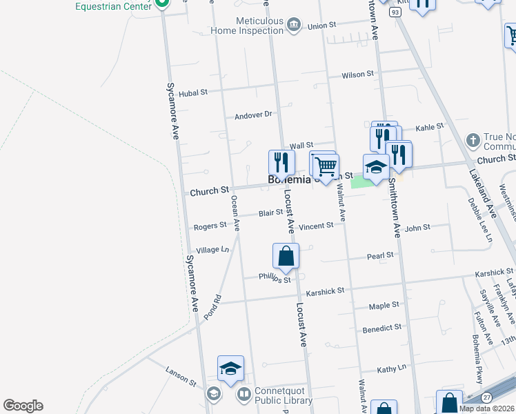 map of restaurants, bars, coffee shops, grocery stores, and more near 822 Church Street in Bohemia
